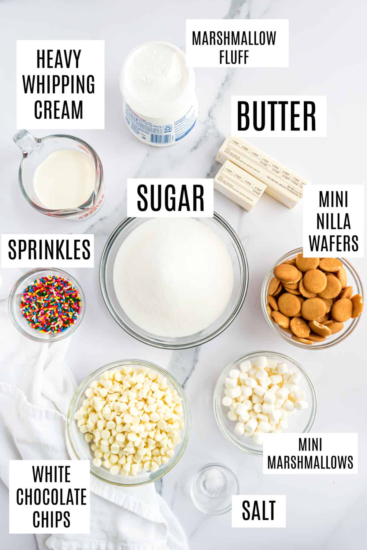 Ingredients needed to make birthday cake fudge.