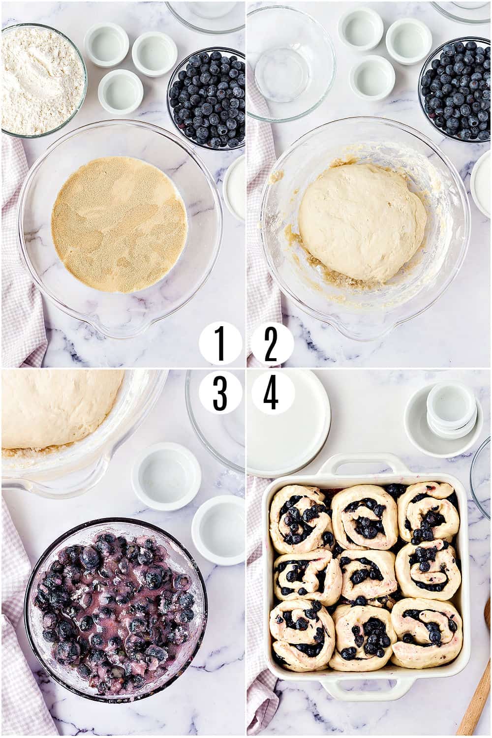 Step by step photos showing how to make blueberry rolls.