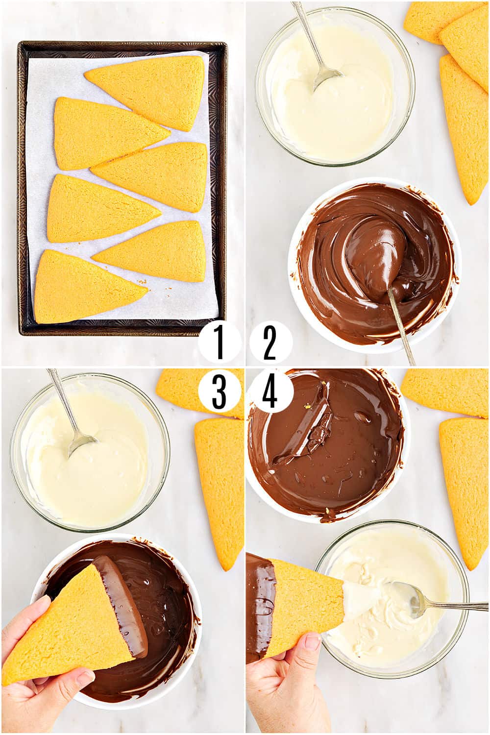Step by step photos showing how to decorate candy corn sugar cookies.