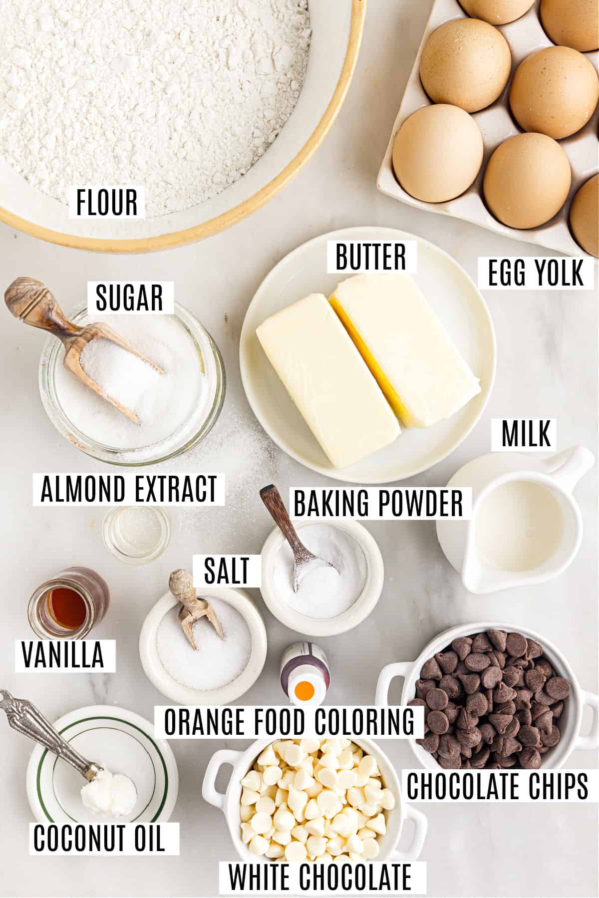 Ingredients needed to make candy corn sugar cookies.