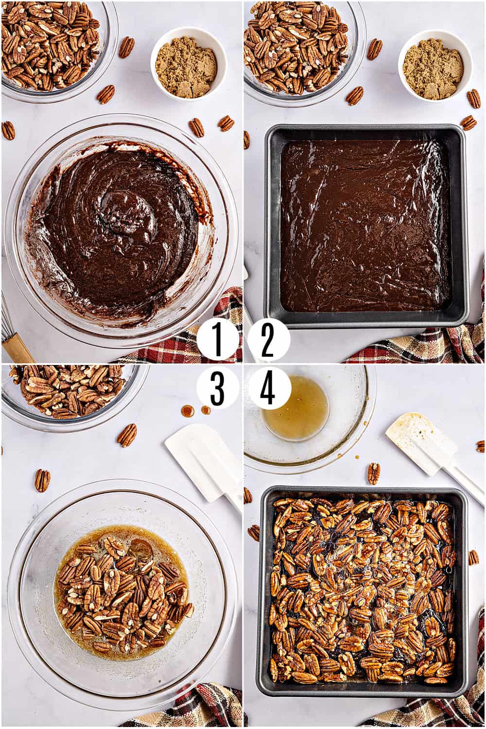 Step by step photos showing how to make pecan pie brownies.