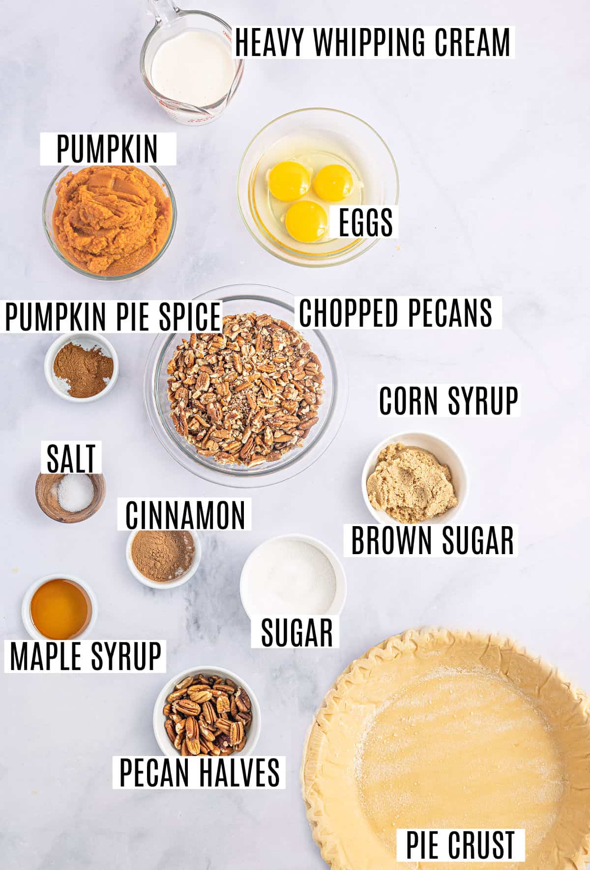 Ingredients needed to make pecan pumpkin pie.