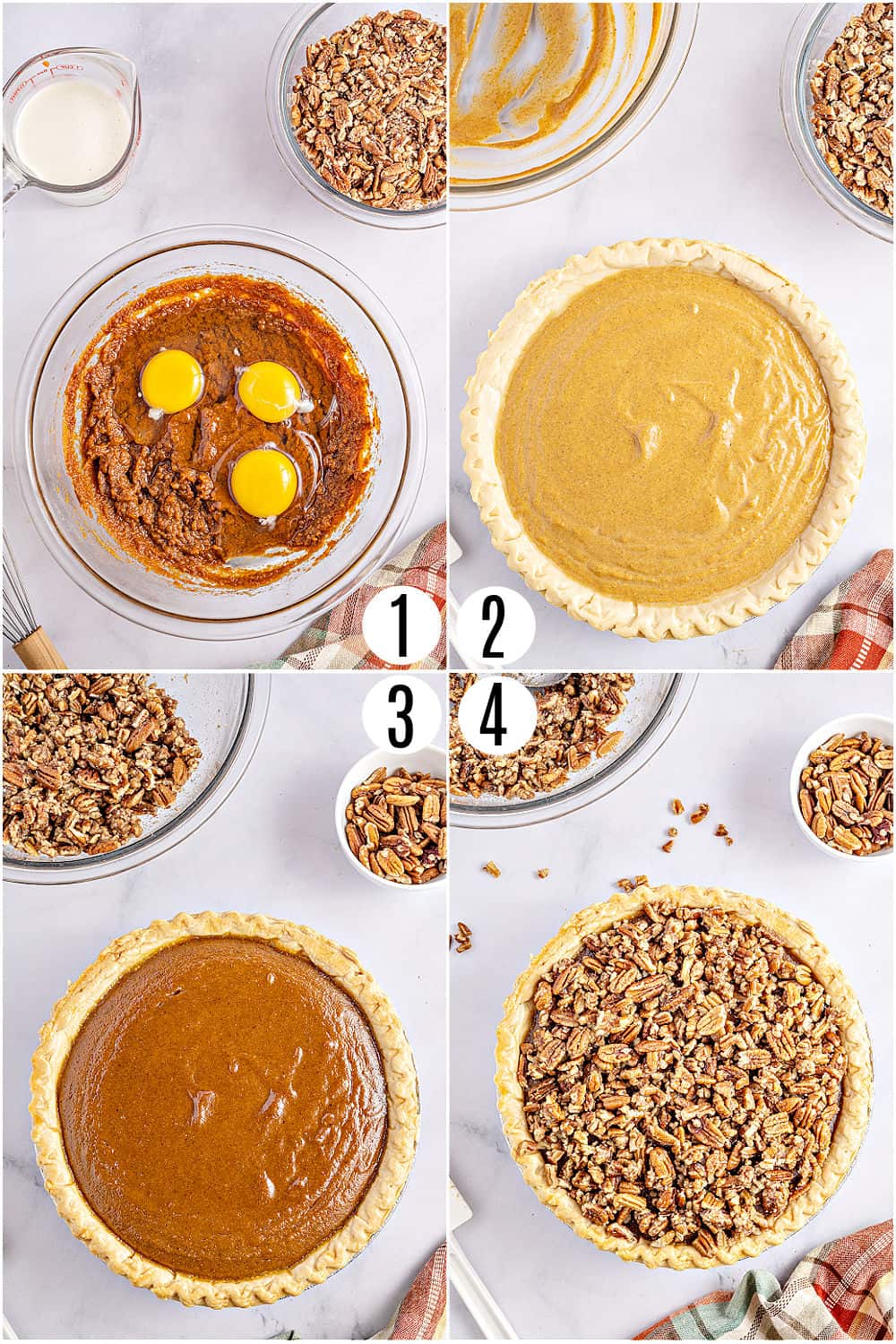Step by step photos showing how to make pecan pumpkin pie.