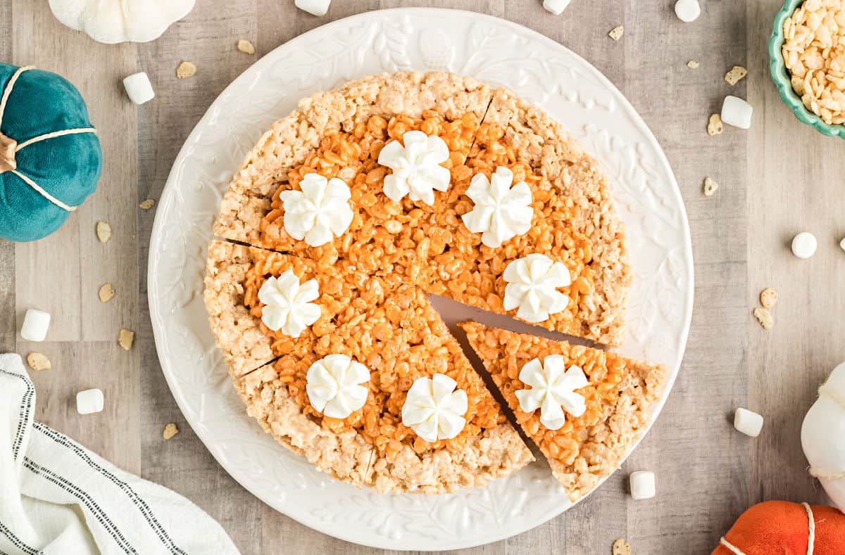 Rice krispie treats shaped and colored like pumpkin pie.