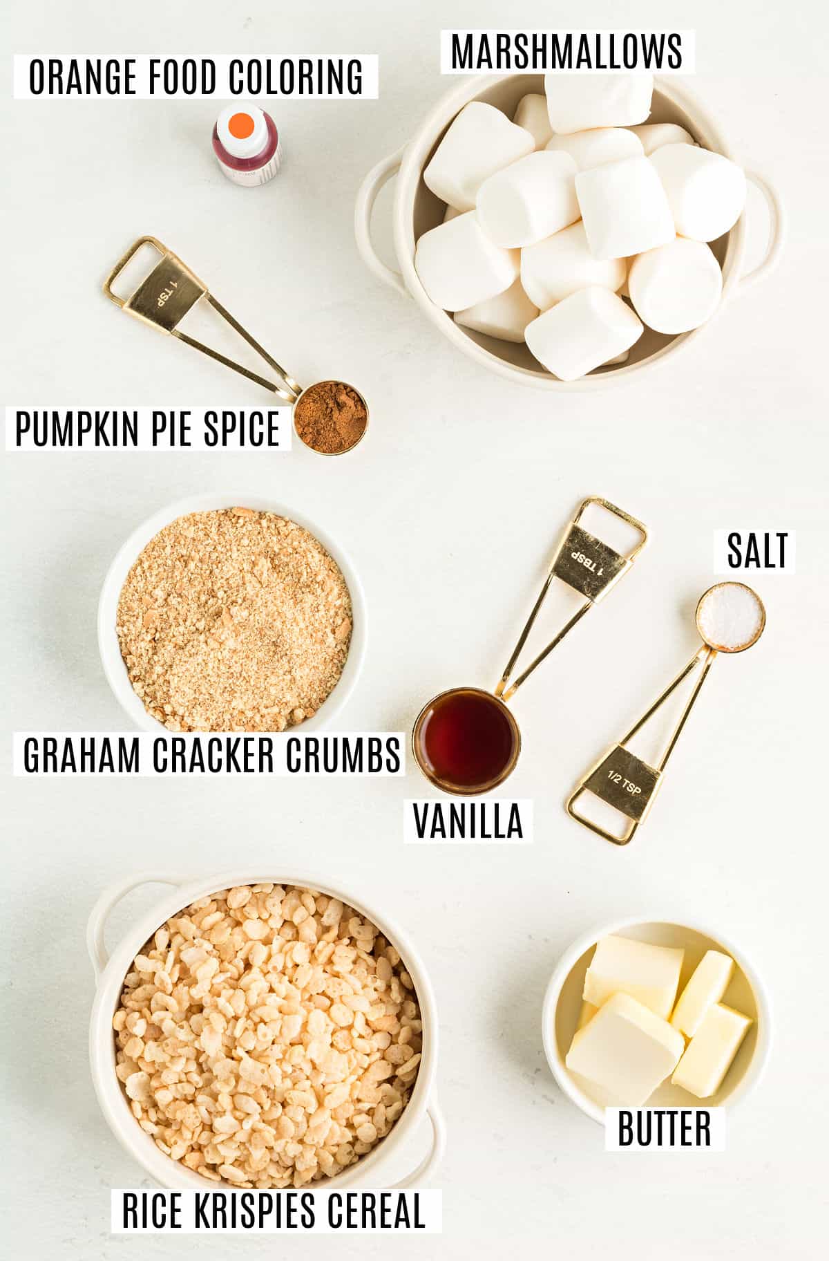 Ingredients needed to make pumpkin pie rice krispie treats.