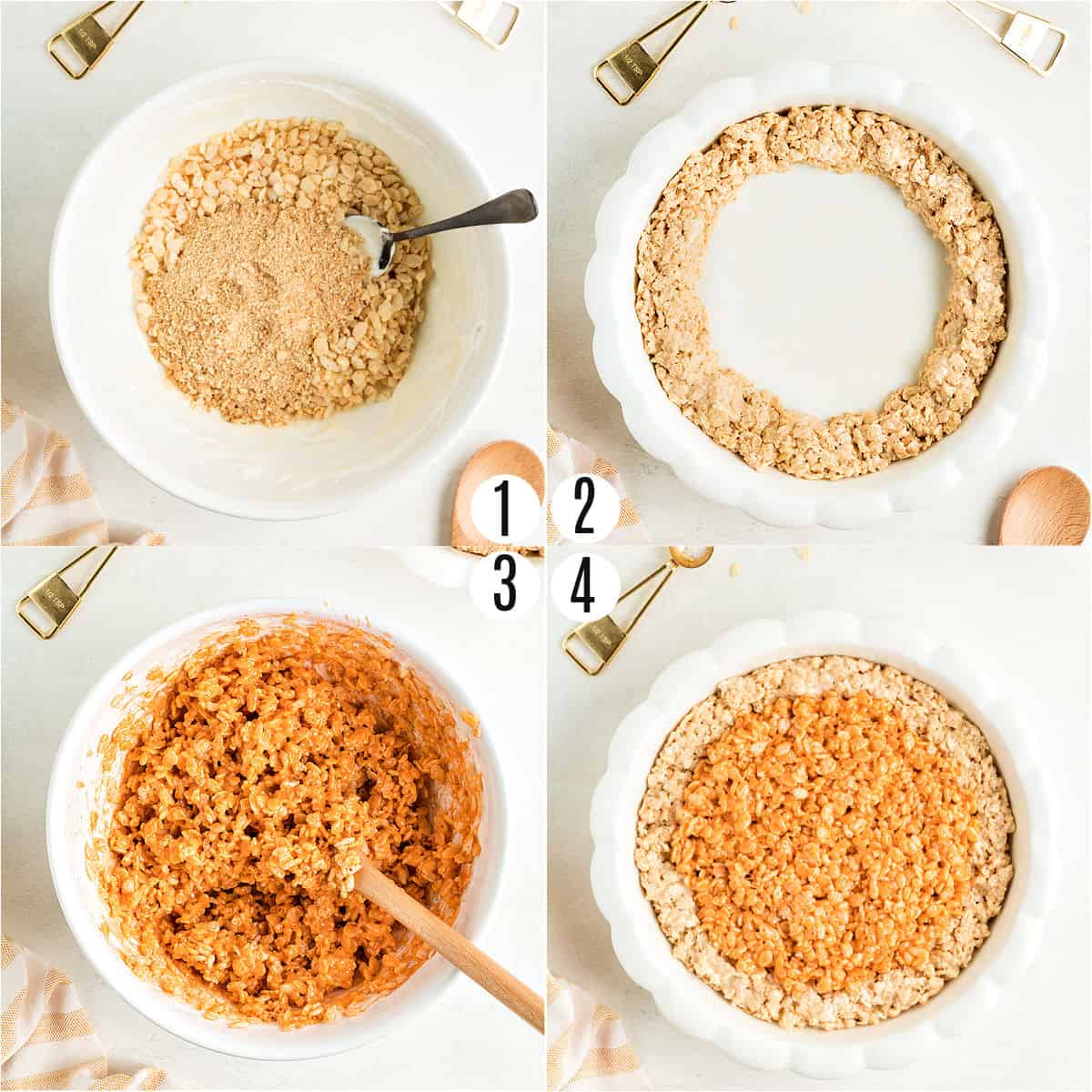 Step by step photos showing how to make pumpkin pie rice krispie treats.