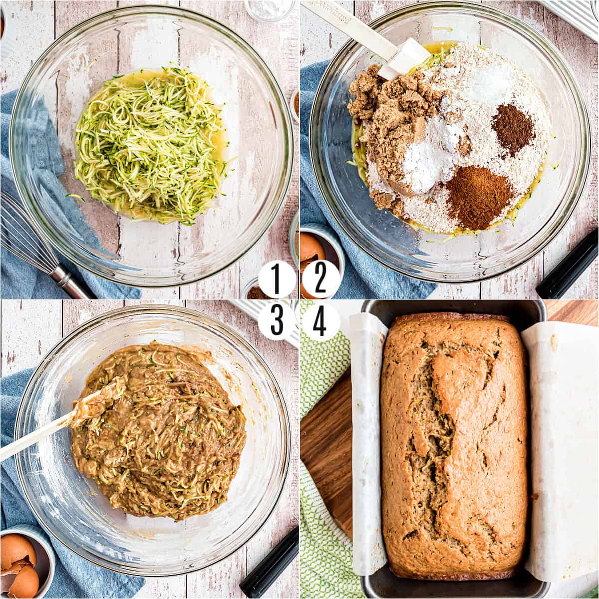 Step by step photos showing how to make zucchini bread.