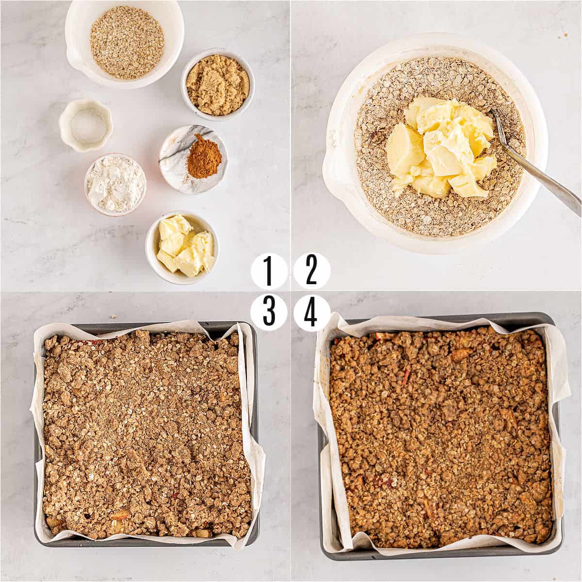 Step by step photos showing how to make apple pie bar topping.