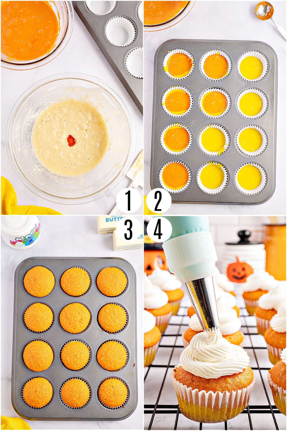 Step by step photos showing how to make candy corn cupcakes.