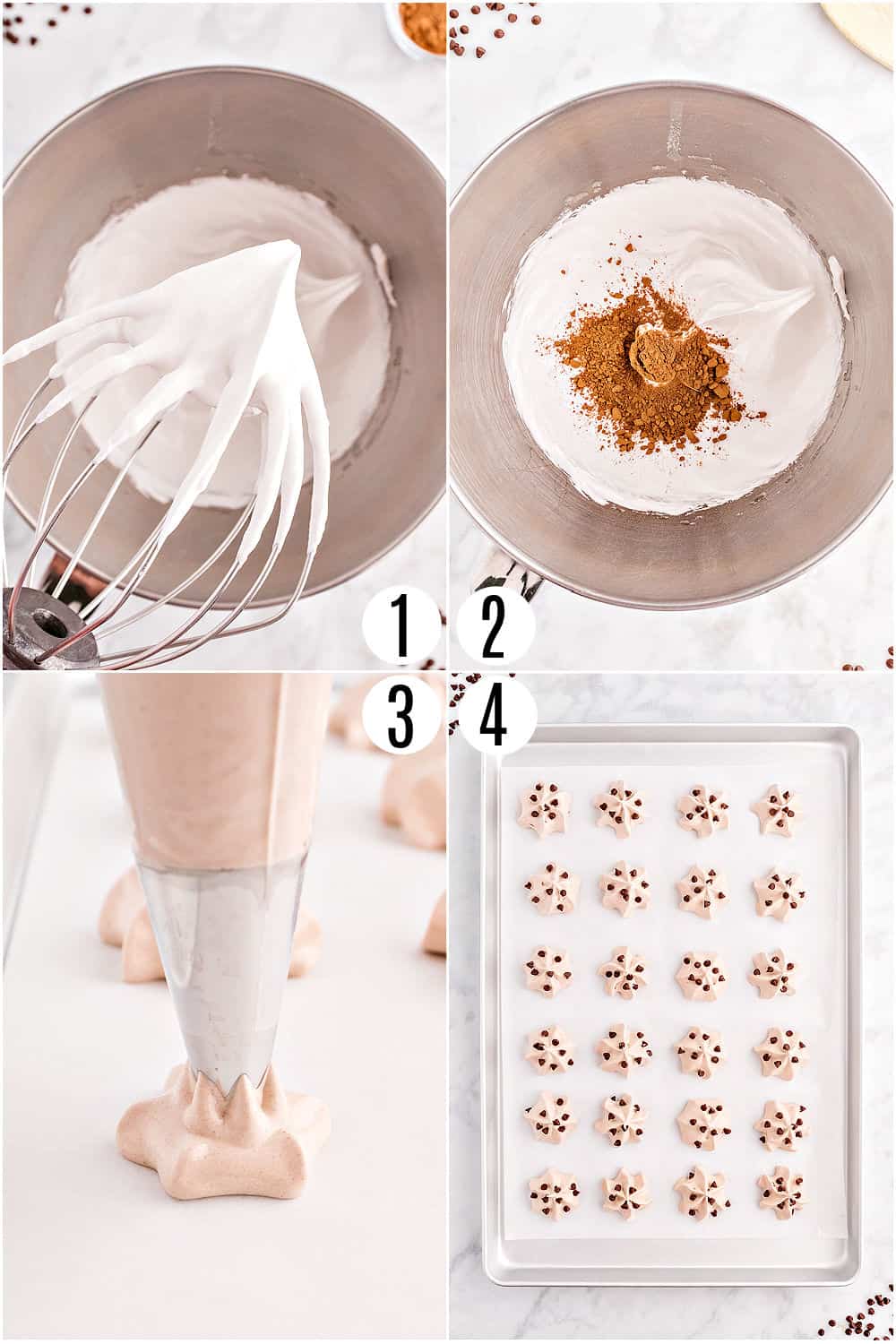 Step by step photos showing how to make chocolate meringue cookies.