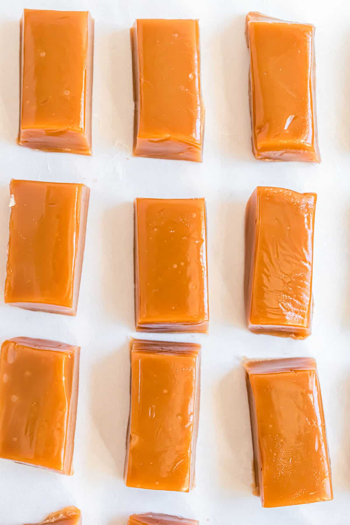 Homemade caramels cut into rectrangles before wrapping.