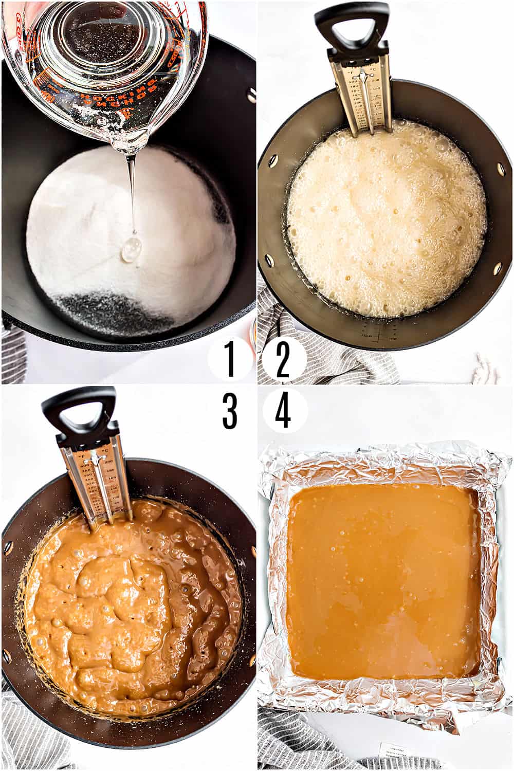 Step by step photos showibg how to make homemade caramels.