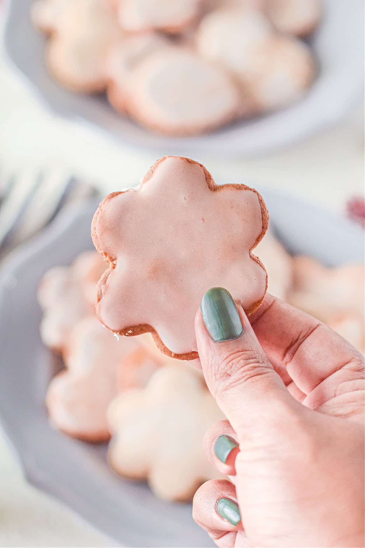 Flower shaped lebkuchen cookie with icing.