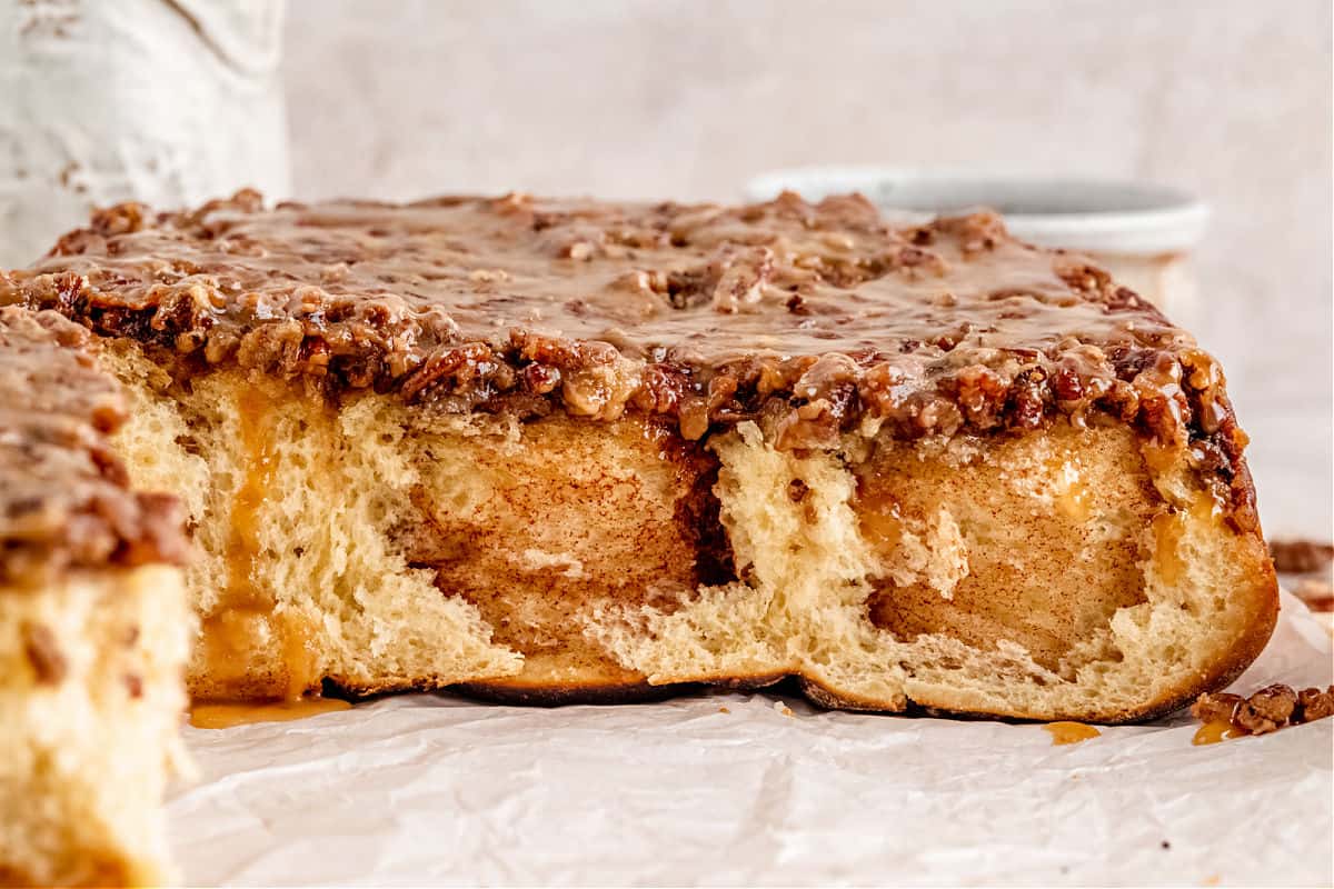 Cinnamon rolls with a pecan pie topping.