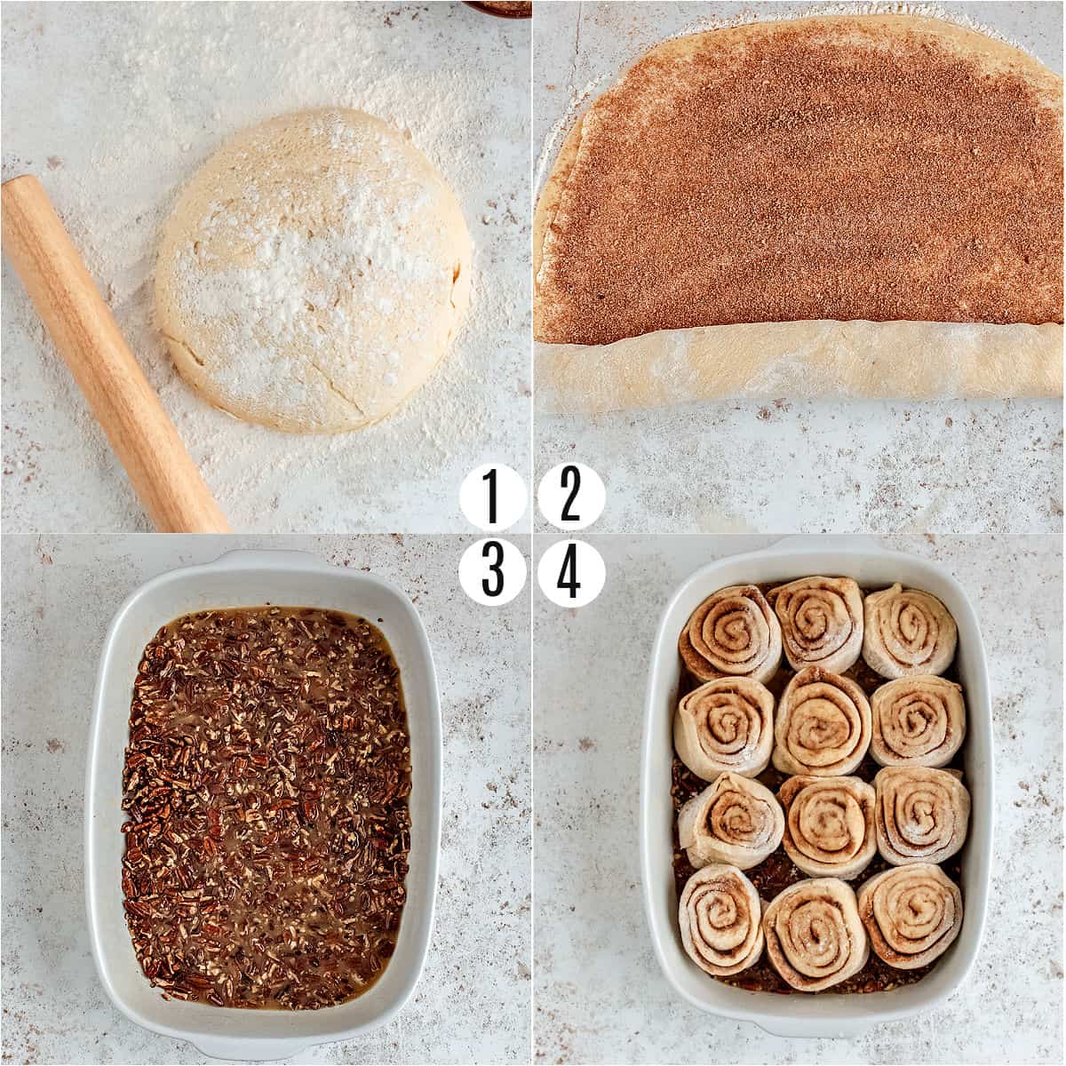 Istruzioni passo passo che mostrano come preparare i panini appiccicosi alle noci pecan.