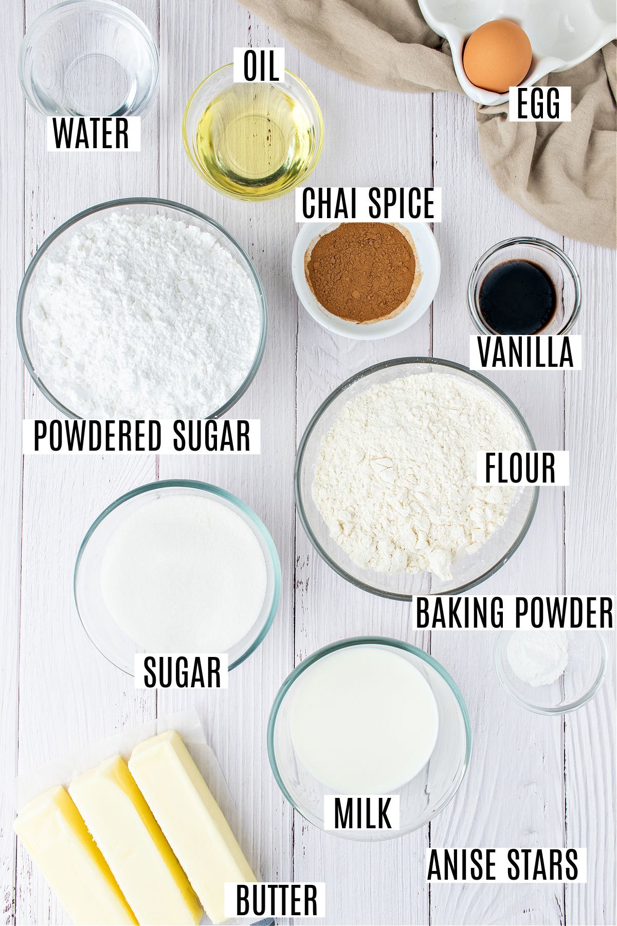 Ingredients needed to make chai spice cupcakes.