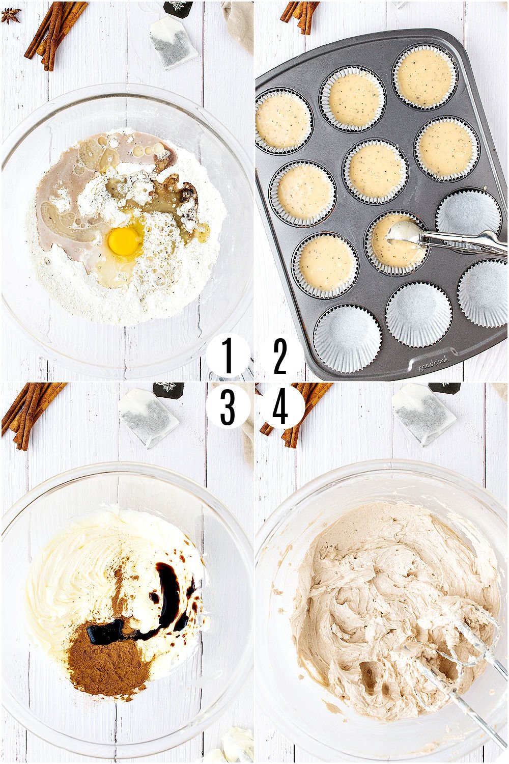 Step by step photos showing how to make chai cupcakes.