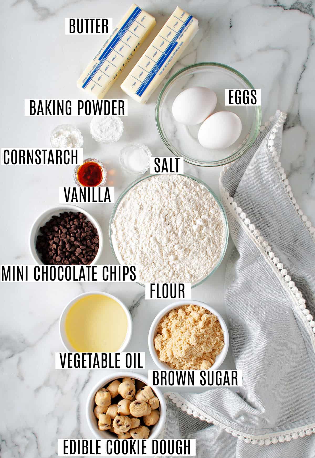 Ingredients needed to make cookie dough cookies.