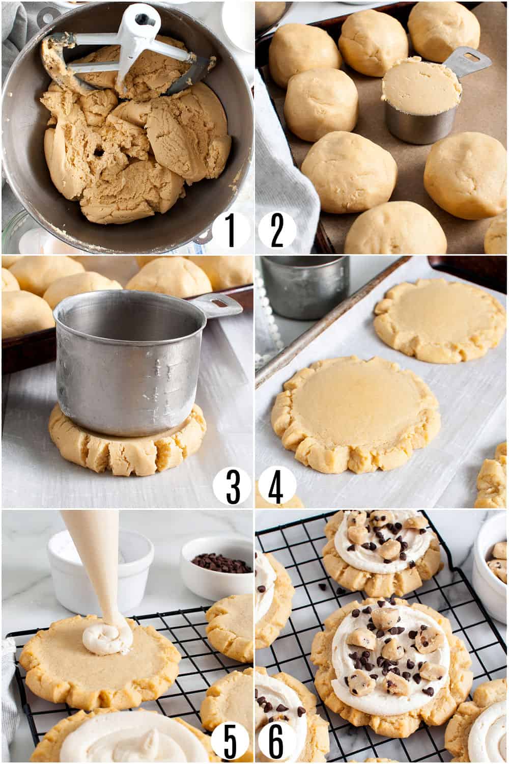 Step by step photos showing how to make cookie dough cookies.