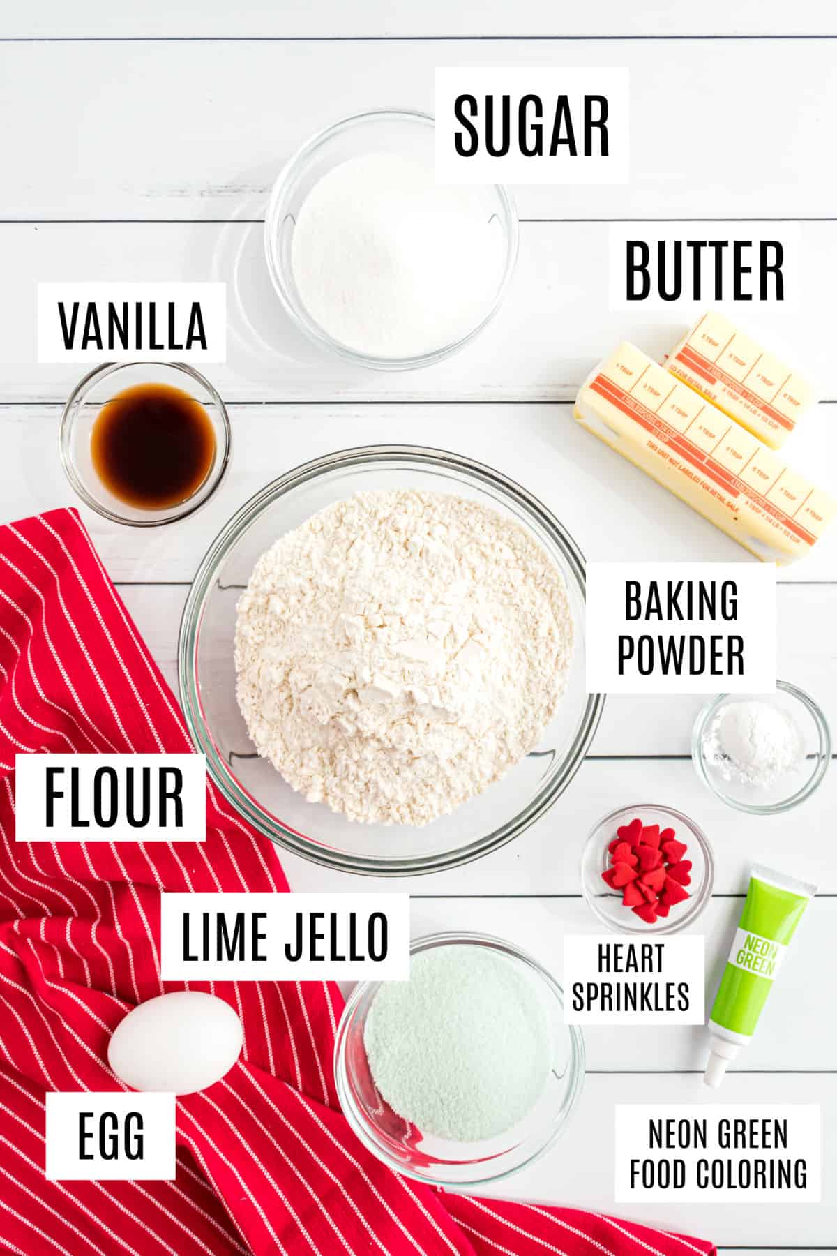 Ingredients needed to make grinch cookies.