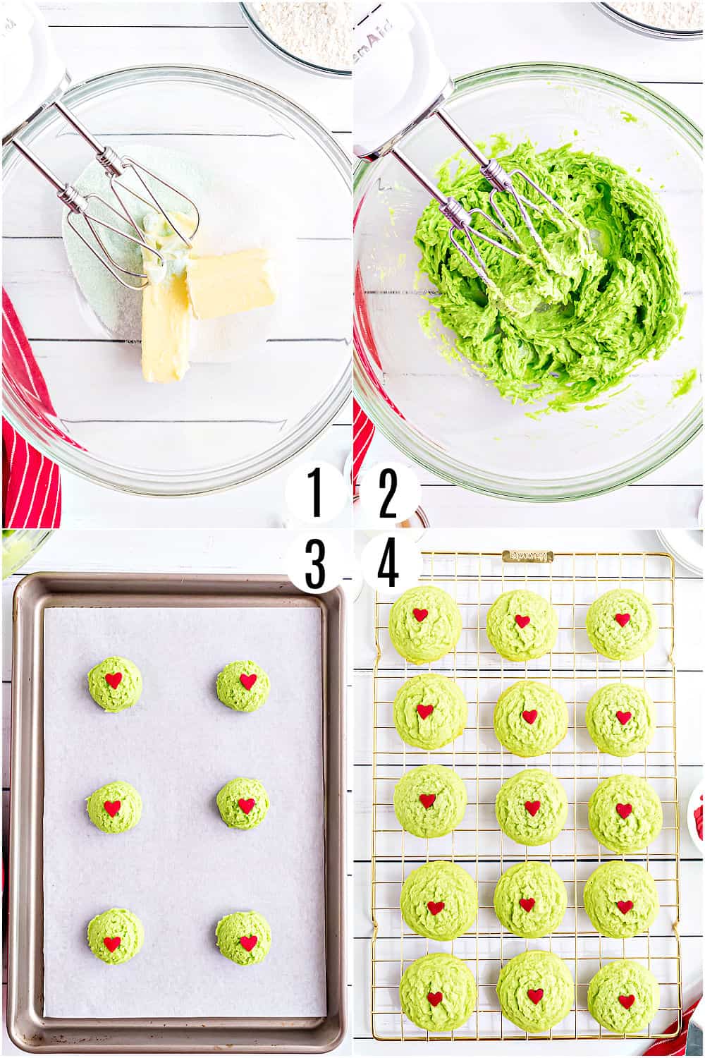 Step by step photos showing how to make grinch cookies.