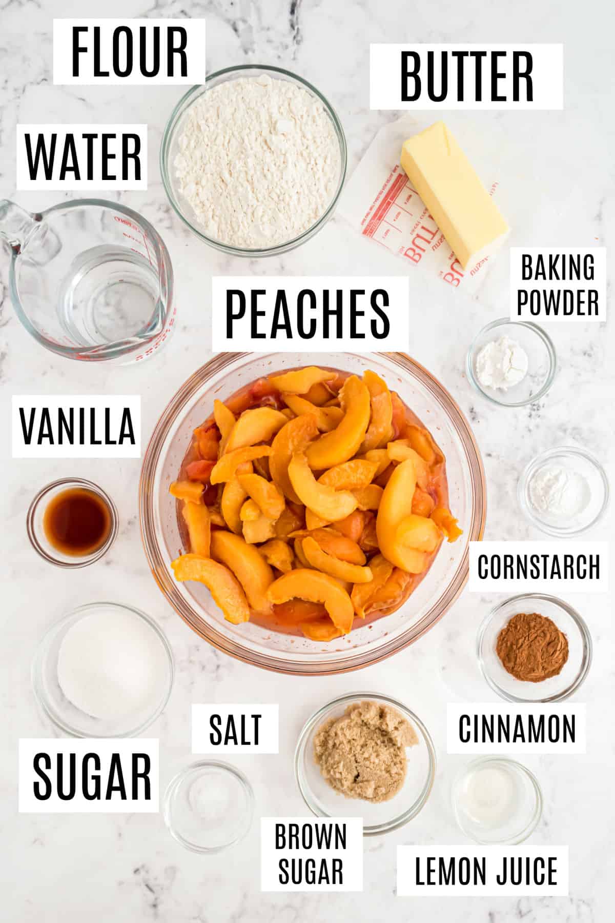 Ingredients needed to make peach cobbler.