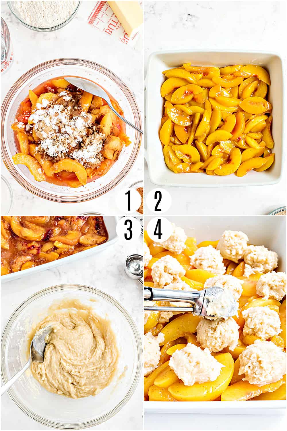 Step by step photos showing how to make peach cobbler.
