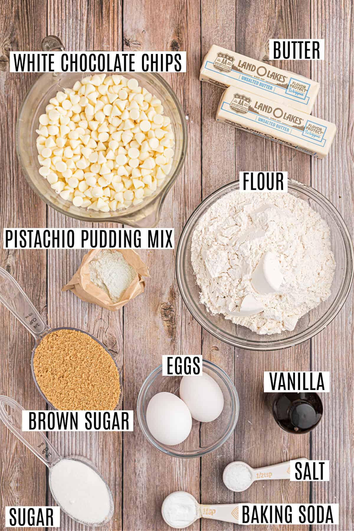 Ingredients needed to make pistachio cookies.