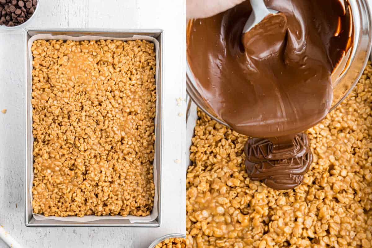 Step by step photos showing how to add chocolate to scotcheroos.
