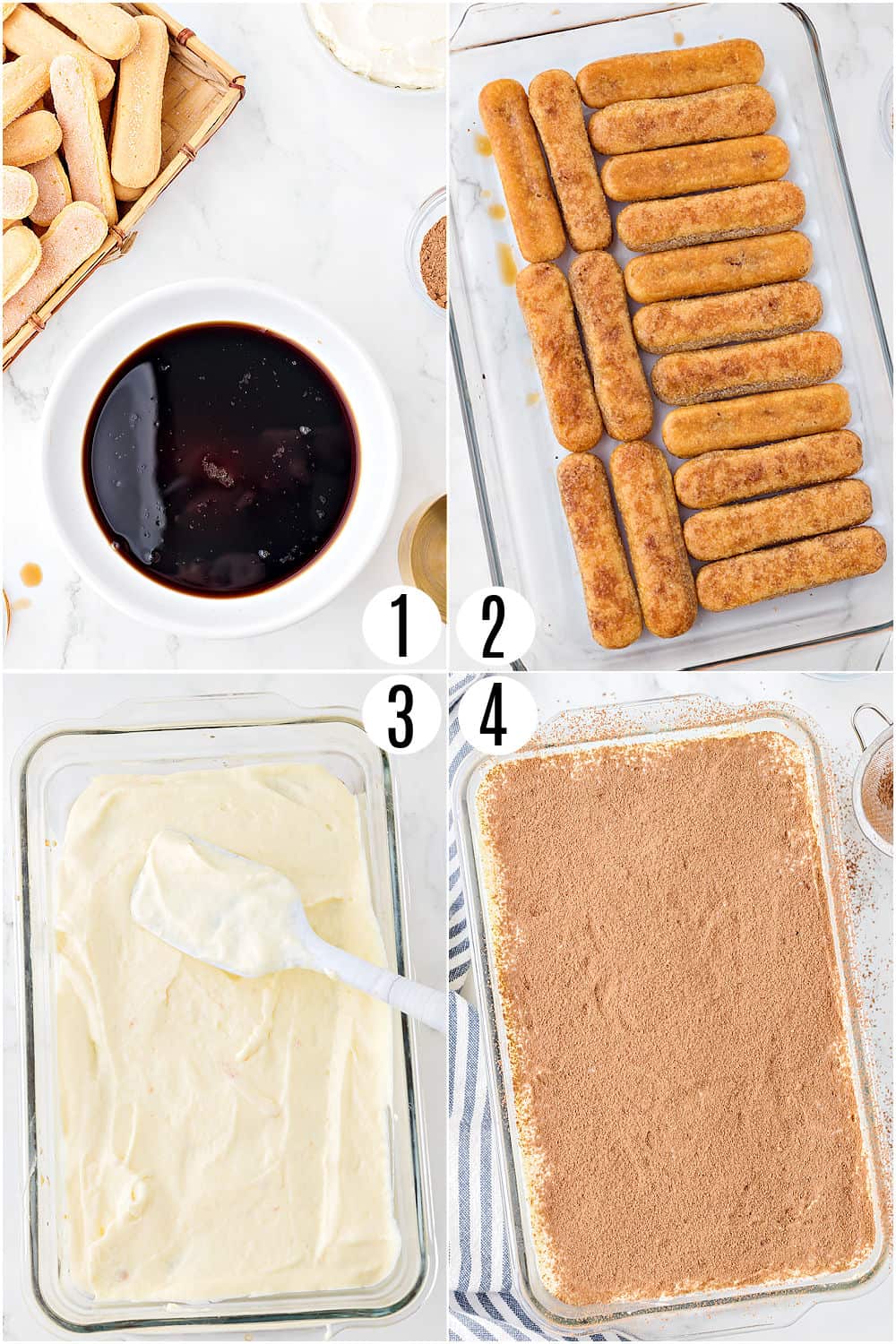 Step by step photos showing how to make tiramisu.