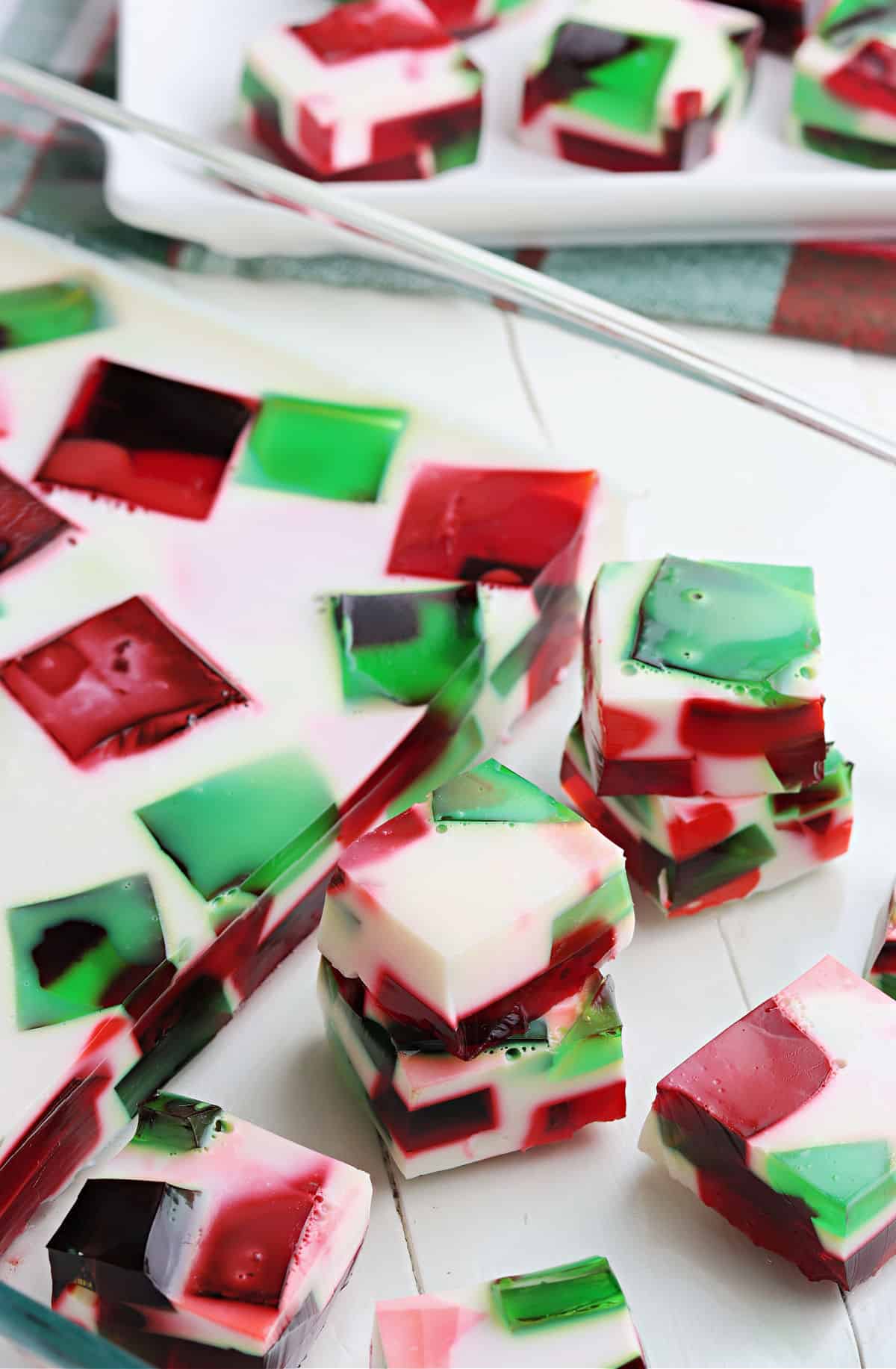 Stack of broken glass jello pieces.