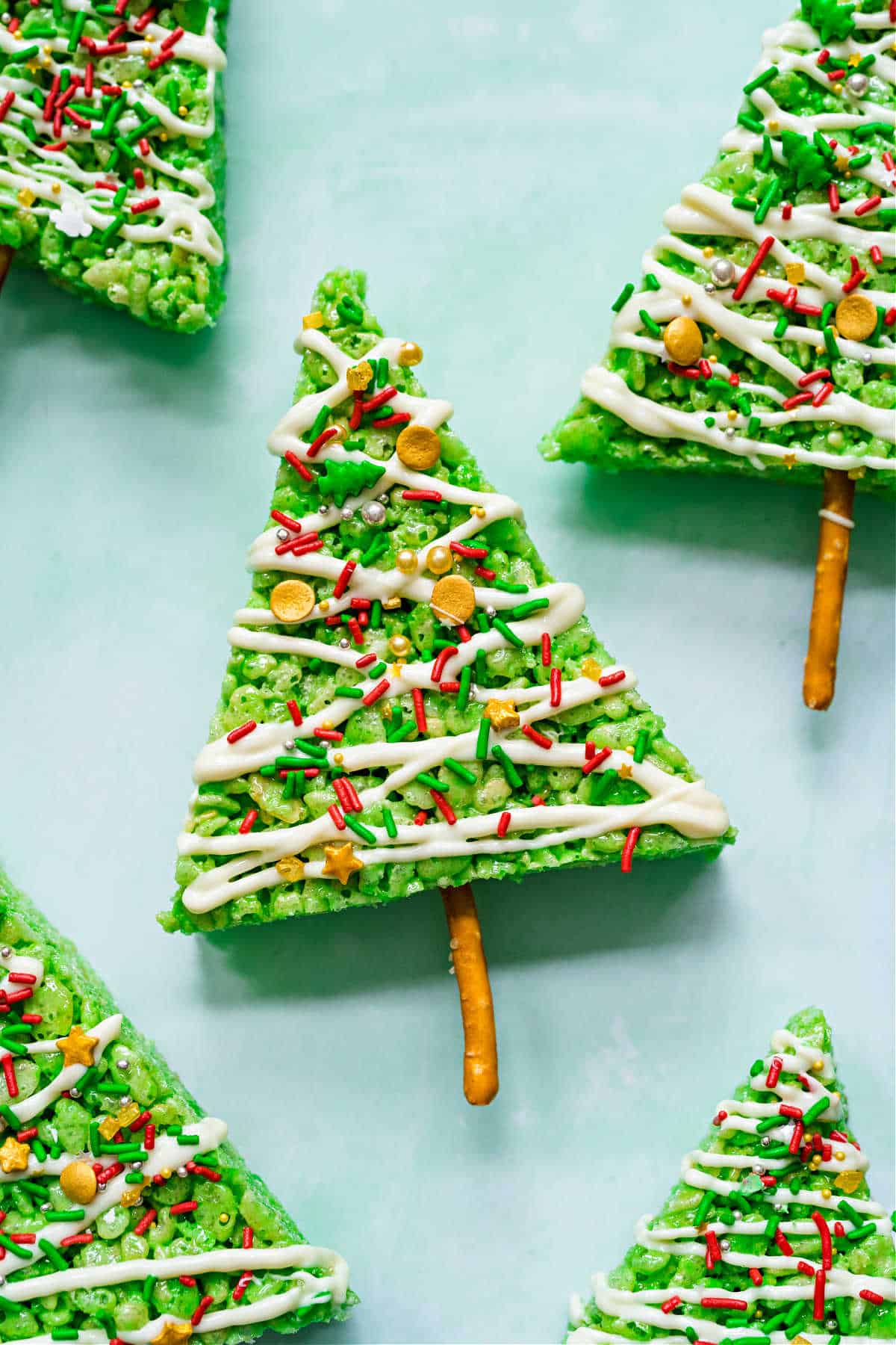 Christmas tree rice krispie treats with sprinkles.