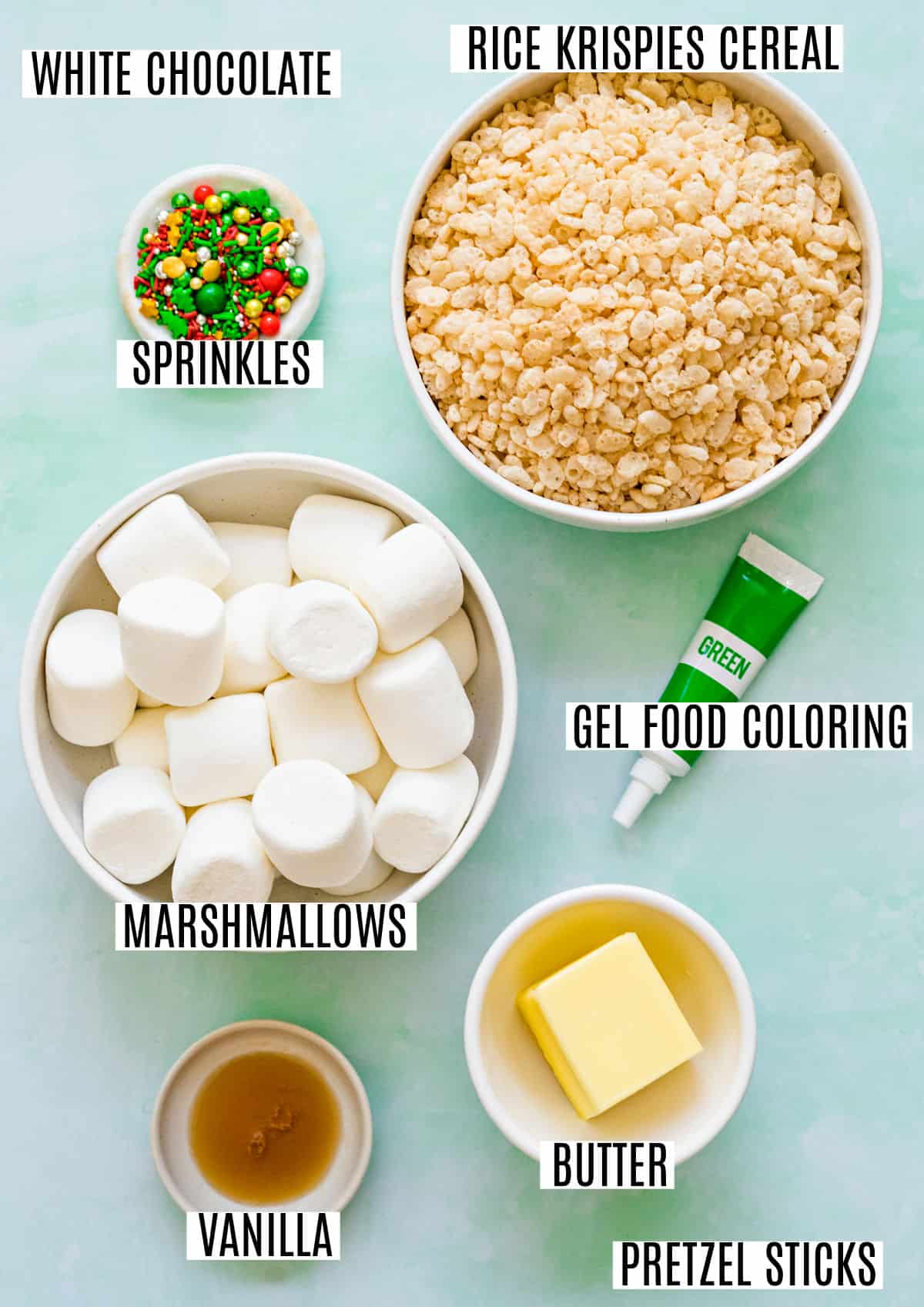 Ingredients needed to make Christmas krispie treats.