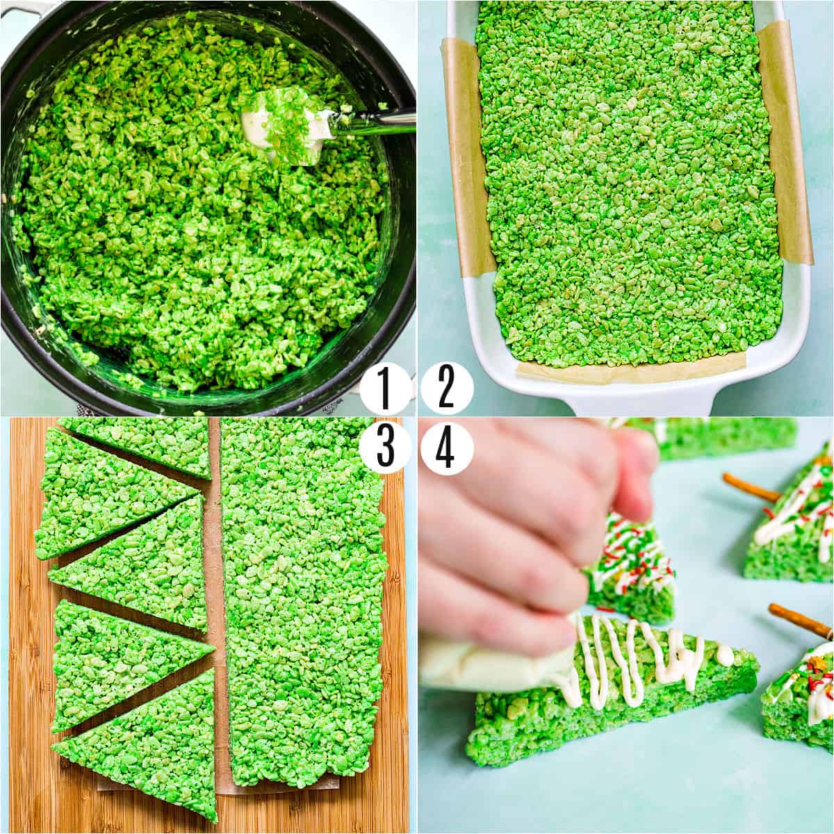 Step by step photos showing how to make Christmas rice krispie treats.