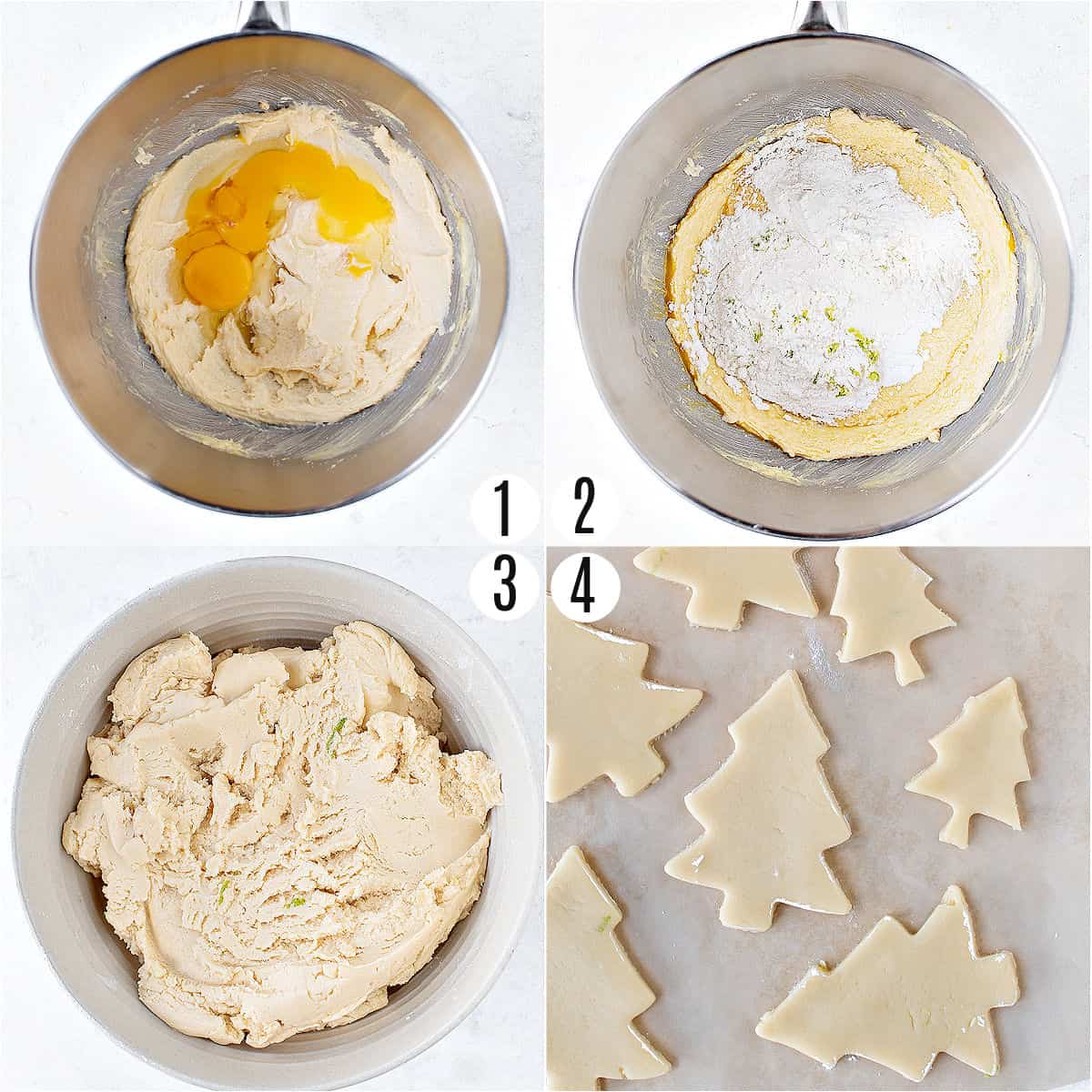 Step by step photos showing how to make sugar cookies.
