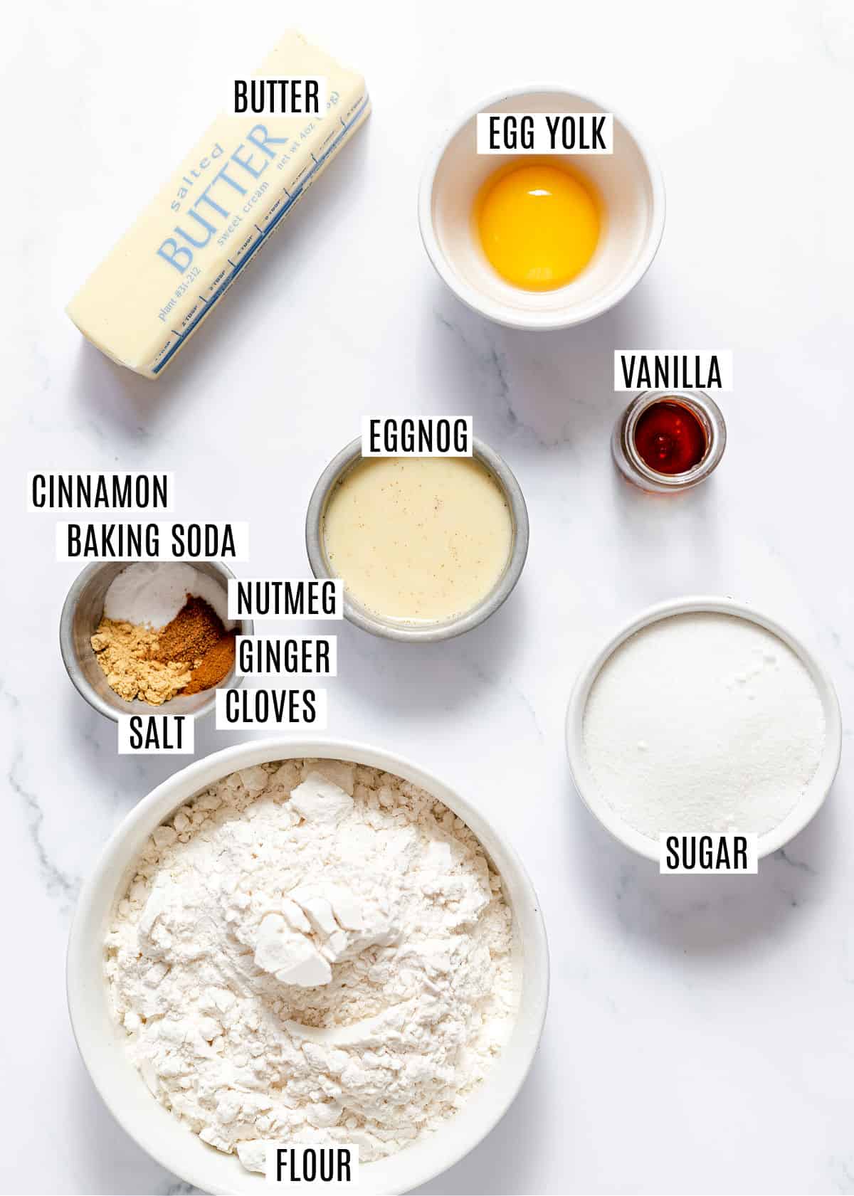 Ingredients needed to make eggnog cookies.
