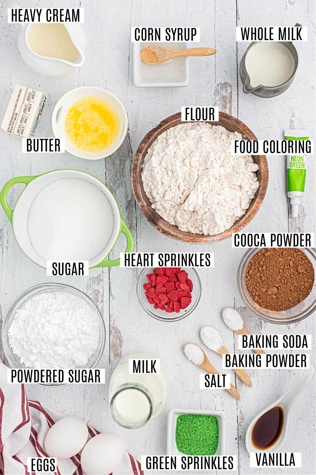 Ingredients needed to make chocolate grinch donuts.