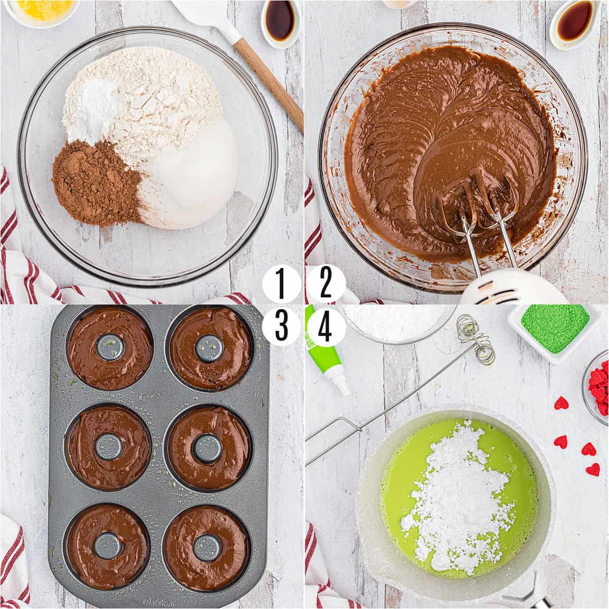 Step by step photos showing how to make grinch donuts.