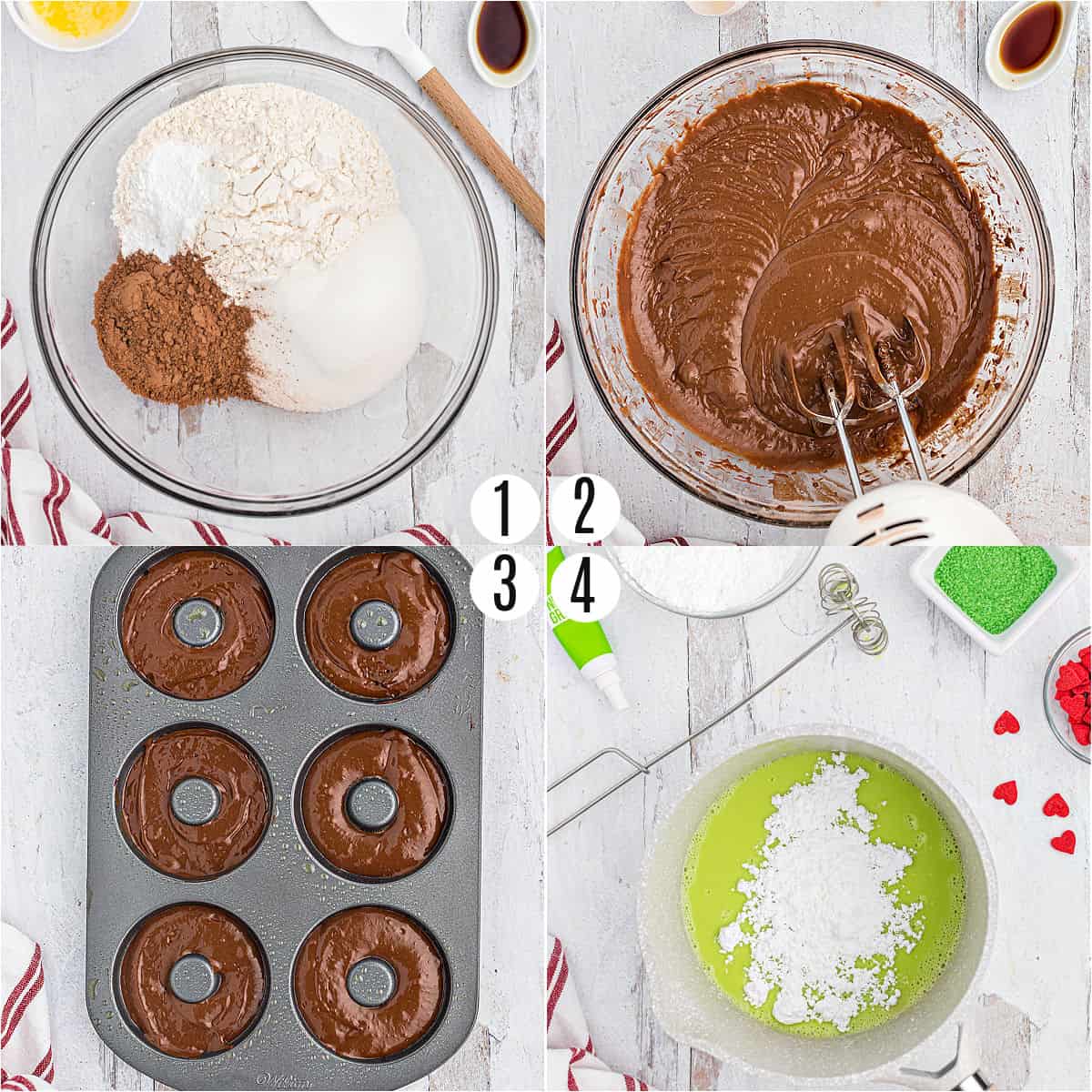 Step by step photos showing how to make grinch donuts.