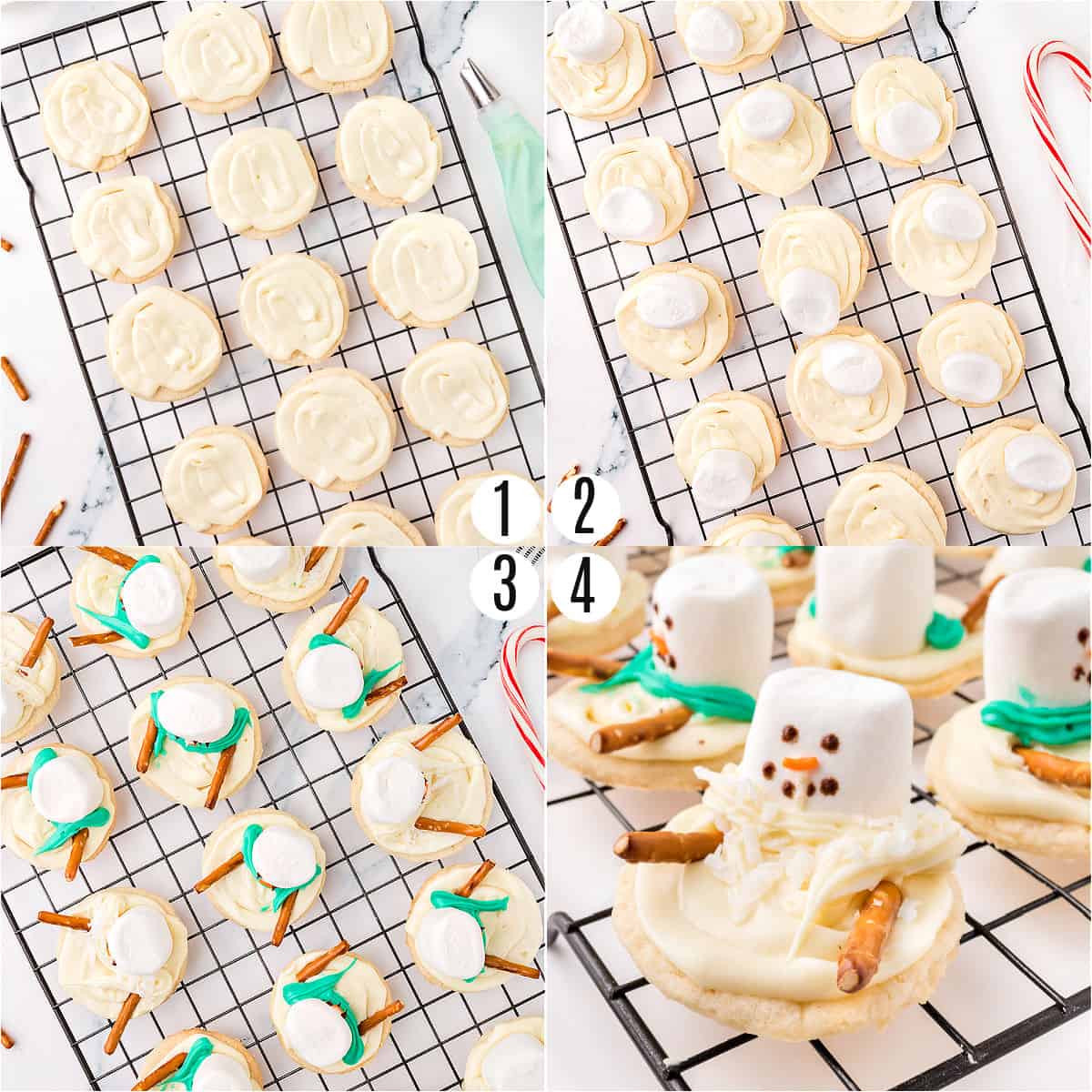 Step by step photos showing how to make melting snowman cookies.