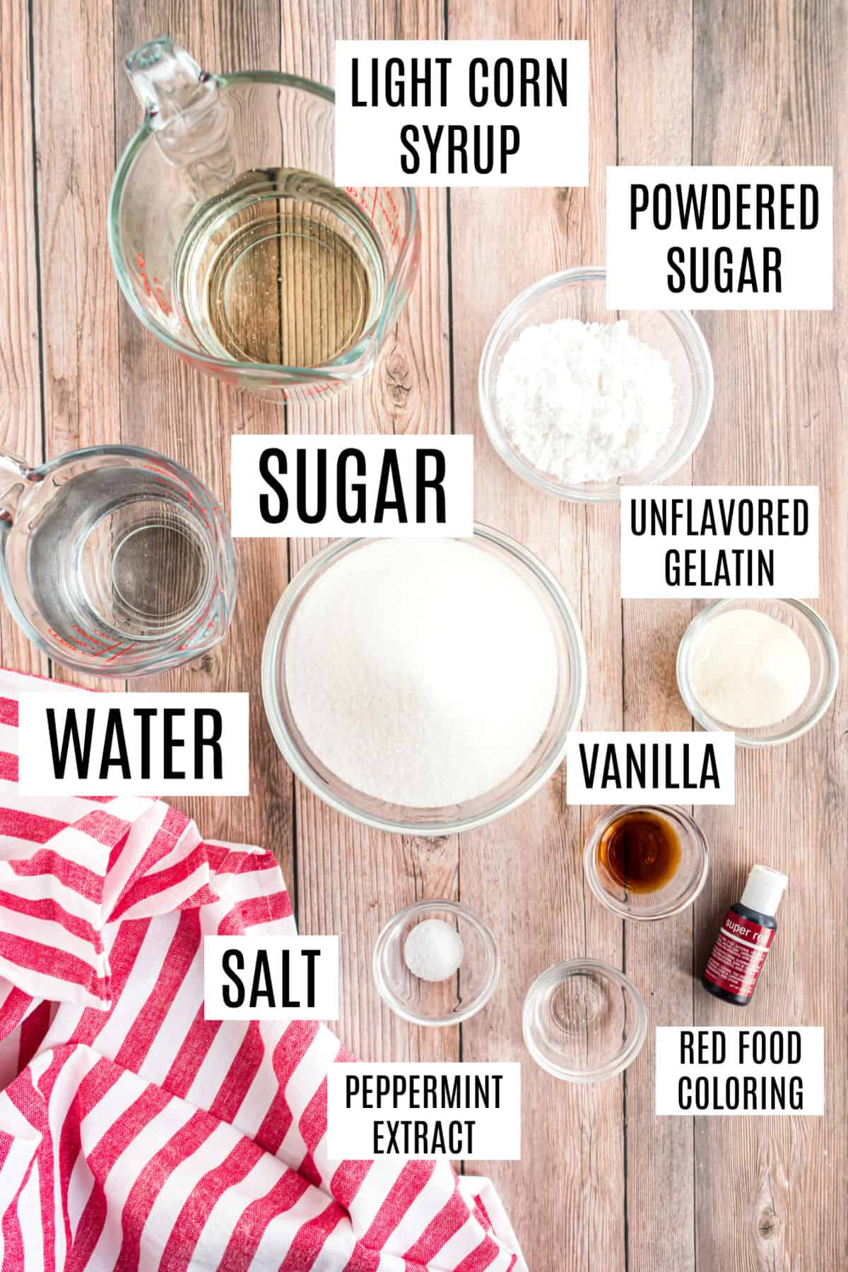 Ingredients needed to make peppermint marshmallows.