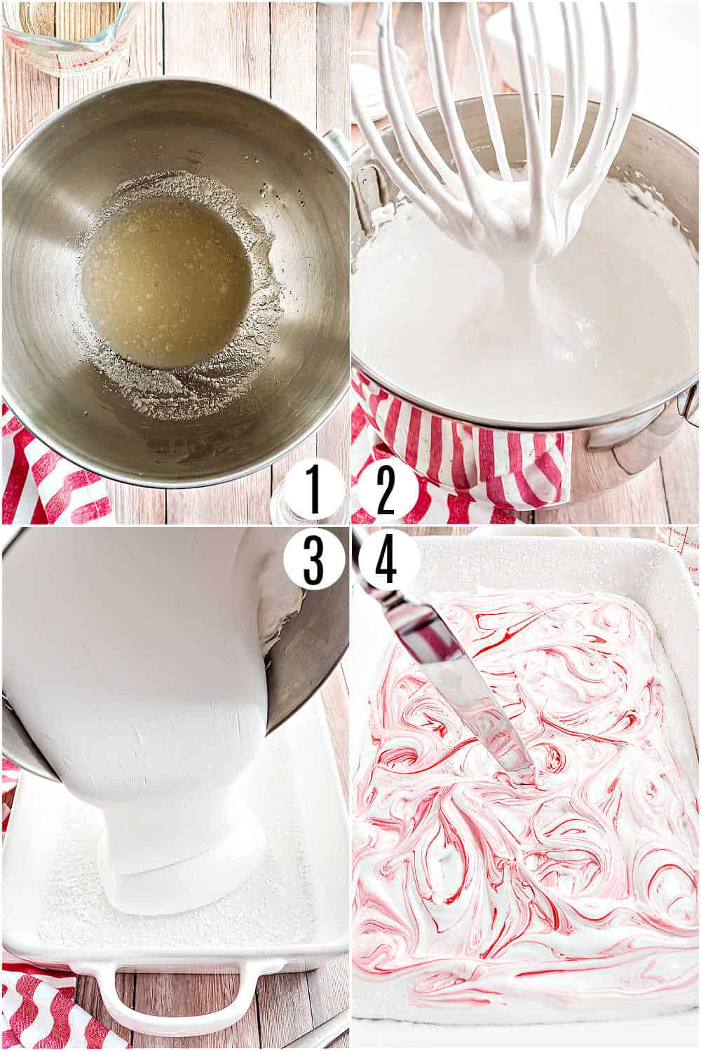 Step by step photos showing how to make peppermint marshmallows.