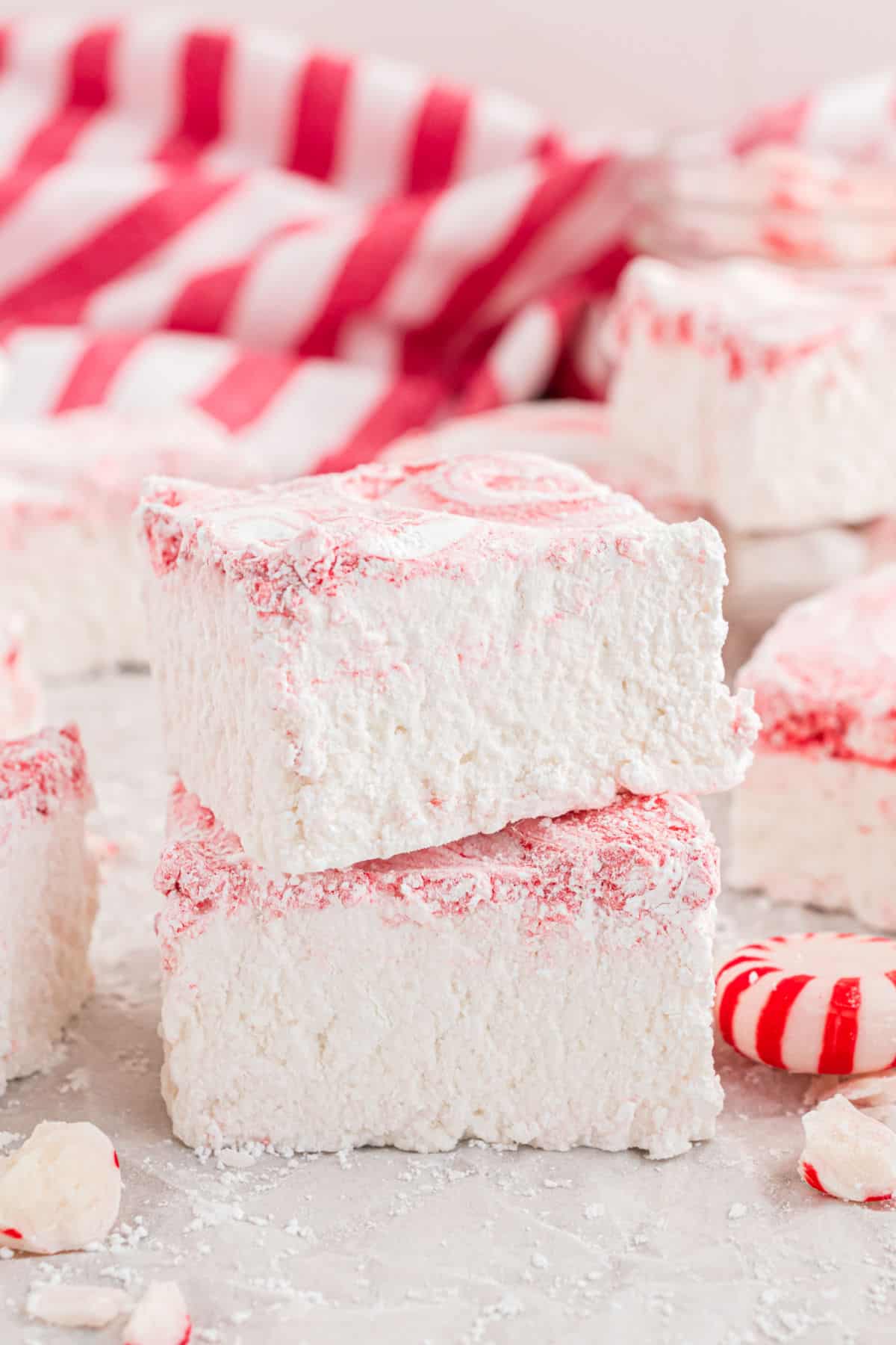 Stack of two homemade peppermint marshmallows.