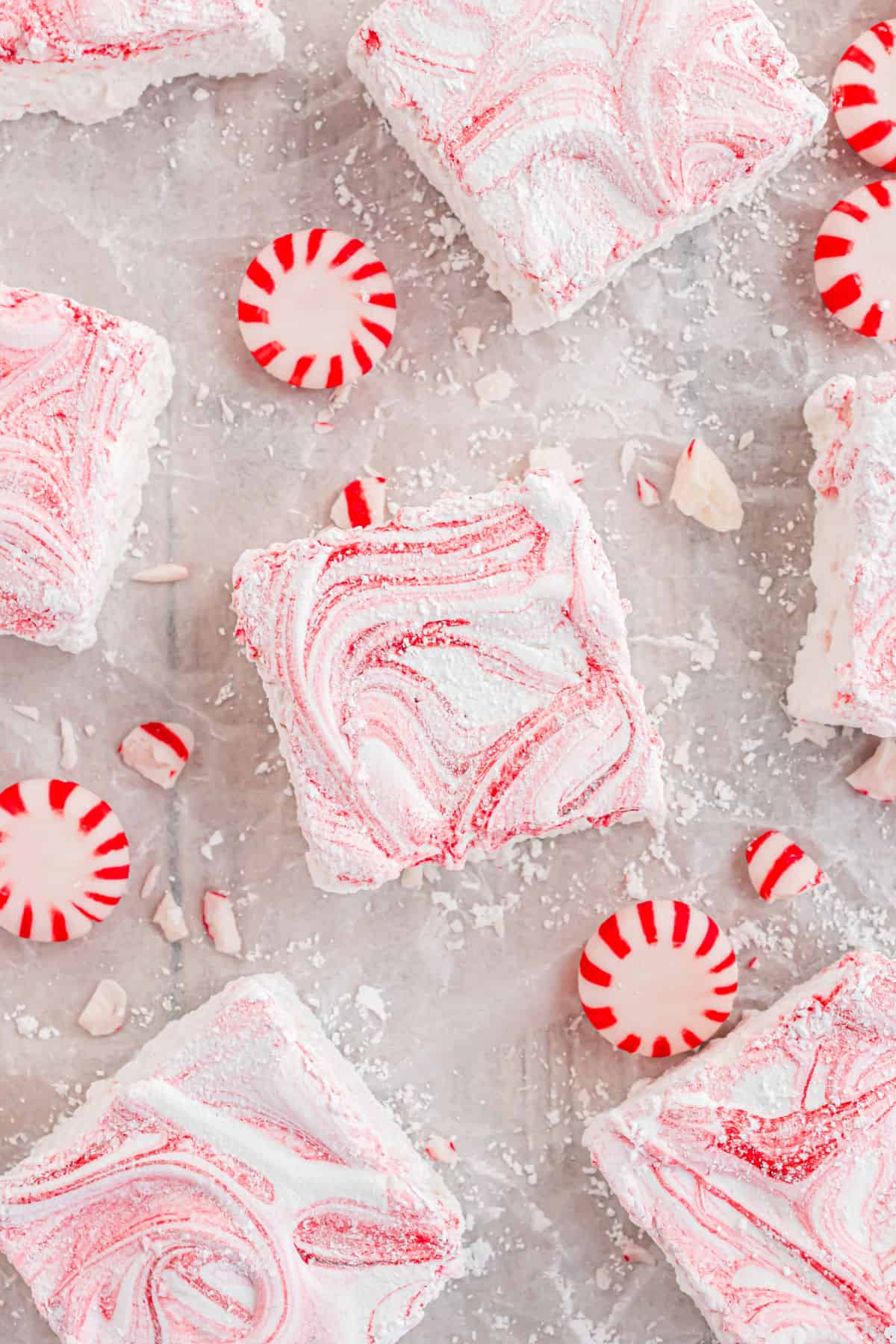 Peppermint marshmallows cut into squares.