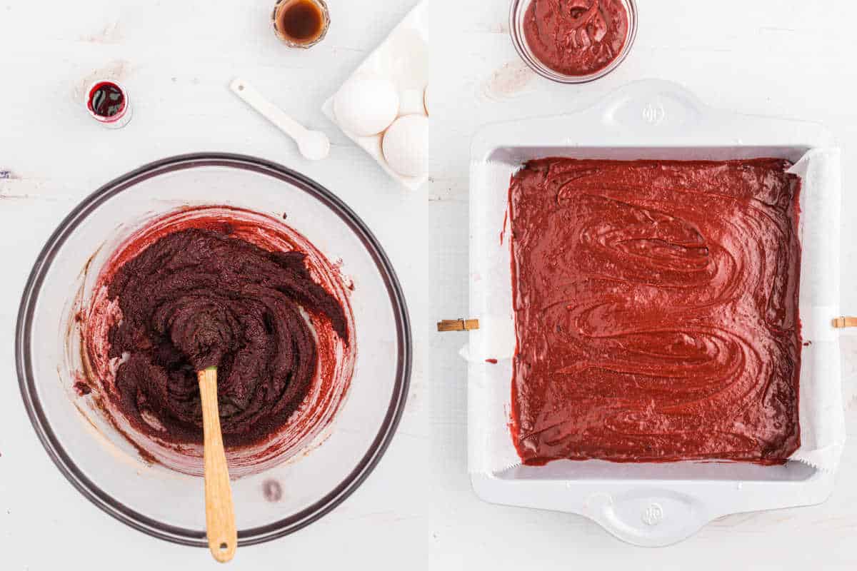 Step by step photos showing how to make red velvet brownies.