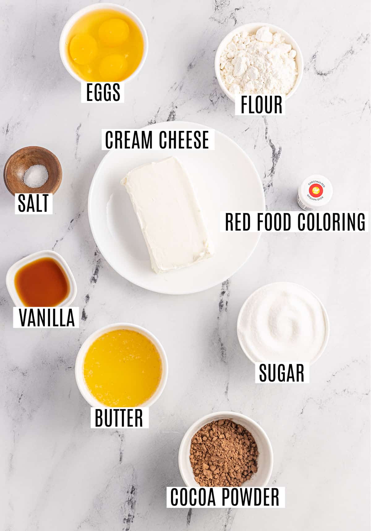 Ingredients needed to make red velvet cheesecake brownies.
