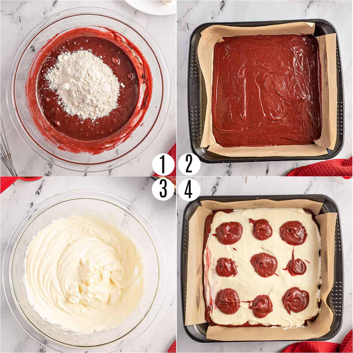 Step by step photos showing how to make red velvet cheesecake brownies.