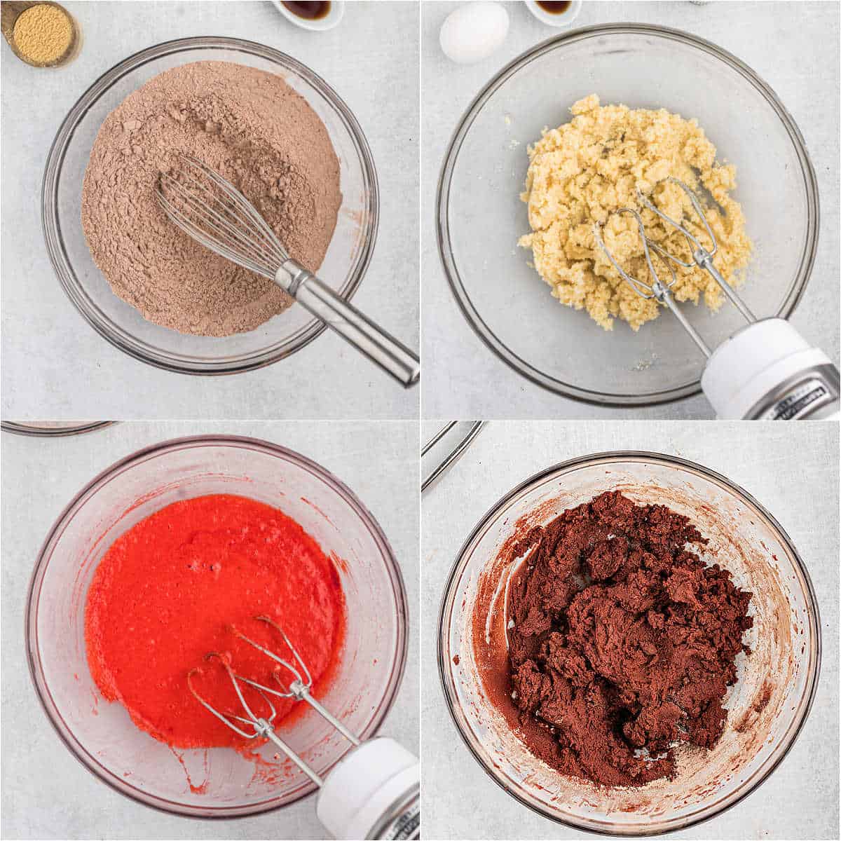 Step by step photos showing how to make red velvet crinkle cookie dough.