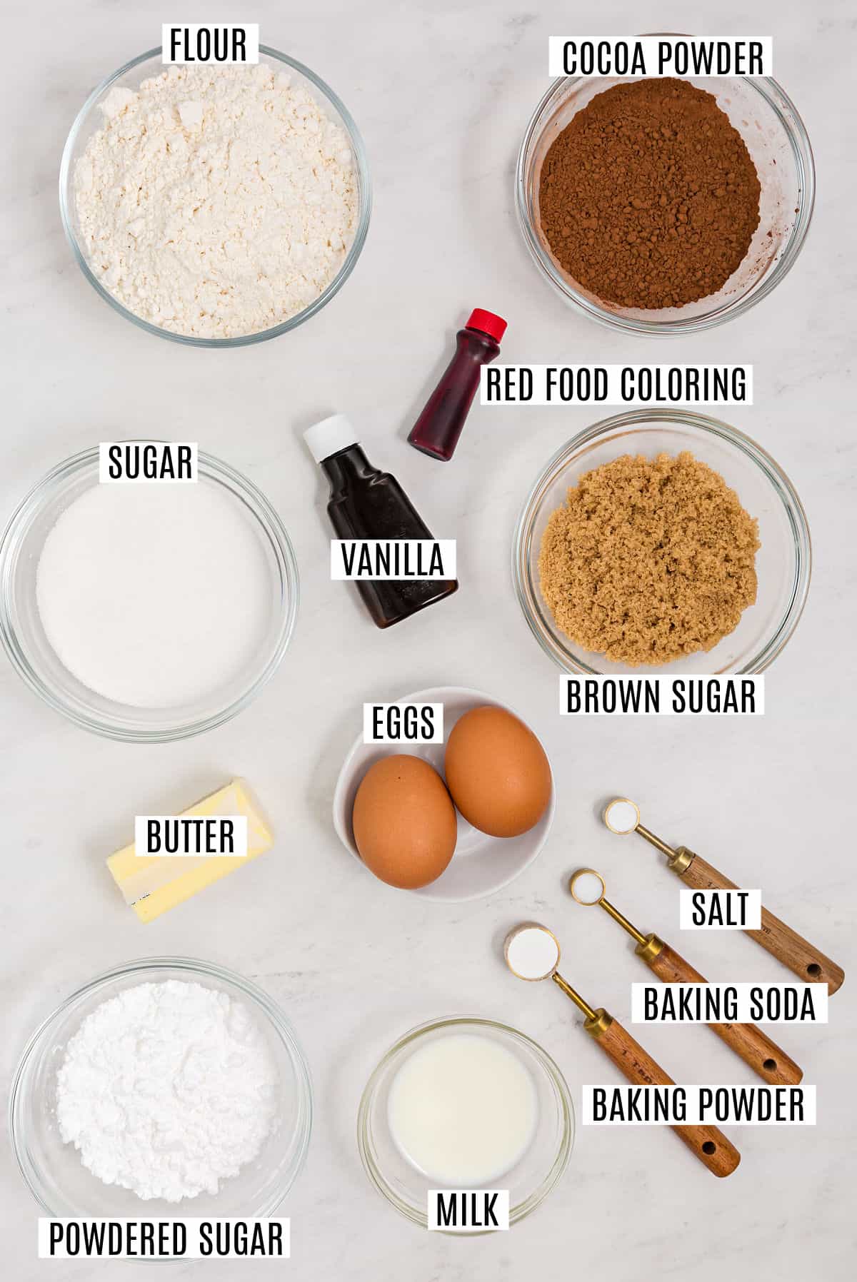 Ingredients needed to make red velvet crinkle cookies.