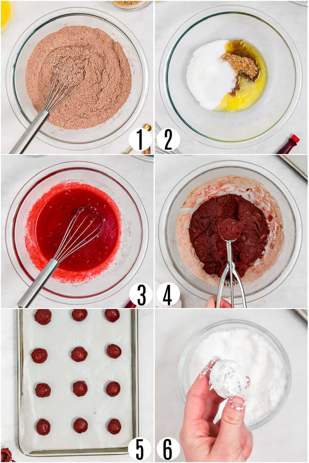 Step by step photos showing how to make red velvet crinkle cookies.